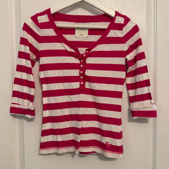 abercrombie kids Other - Abercrombie Kids girls pink stripe 3/4 cuff sleeve knit top M trendy 100% cotton